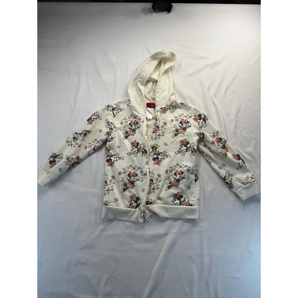 Disney Minnie Mouse Girls Full Zip Hoodie Sweatshirt Size 5/6 Cream Floral Print